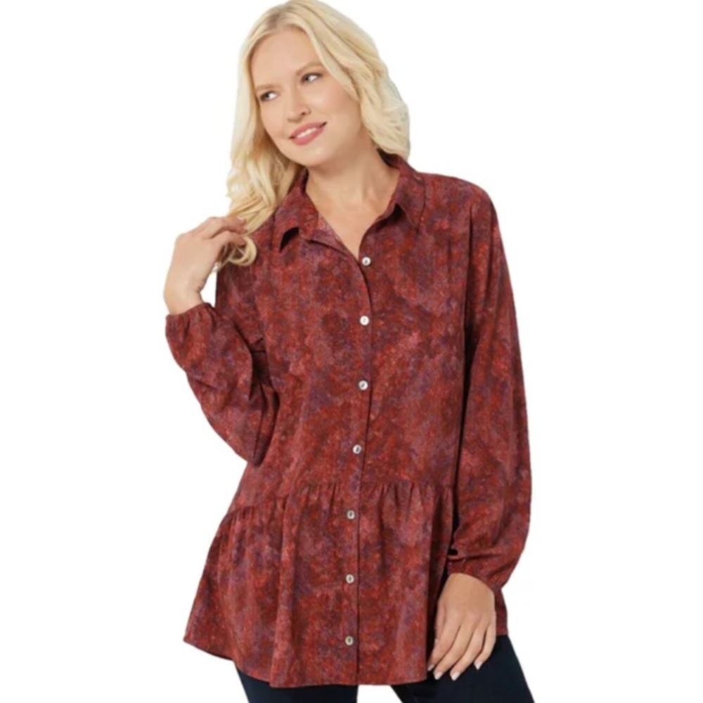 LOGO‎ by Lori Goldstein Women's XS Tunic Peplum Blouse Button Front Red Purple